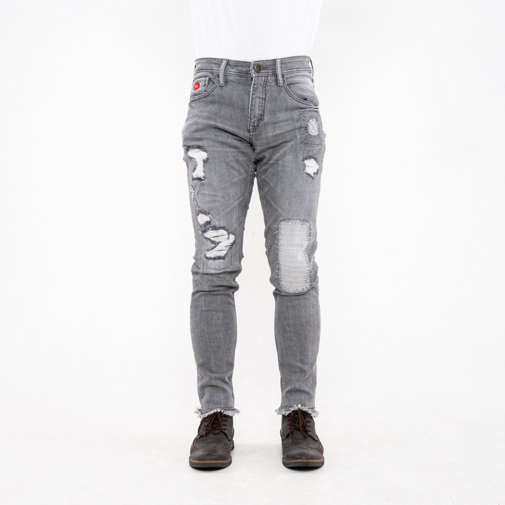 Oxygen Denim 706S Slim Fit Jeans Untold - Light Grey Sashiko Unfinished